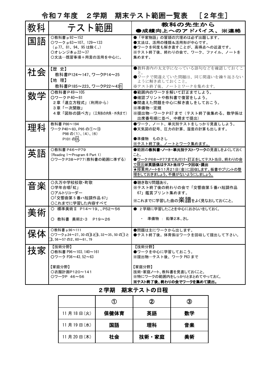 R7_２学期末テスト範囲（２年生）.pdfの1ページ目のサムネイル