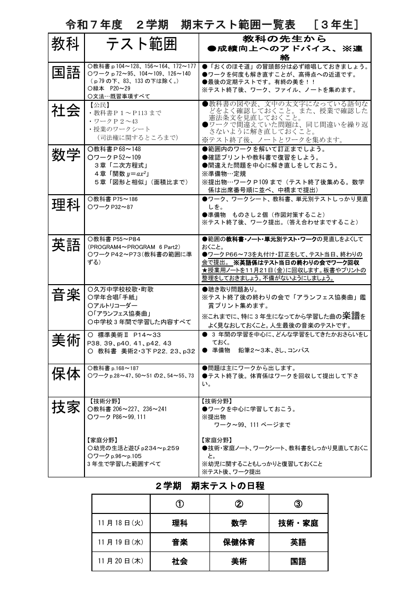R7_２学期末テスト範囲（３年生）.pdfの1ページ目のサムネイル